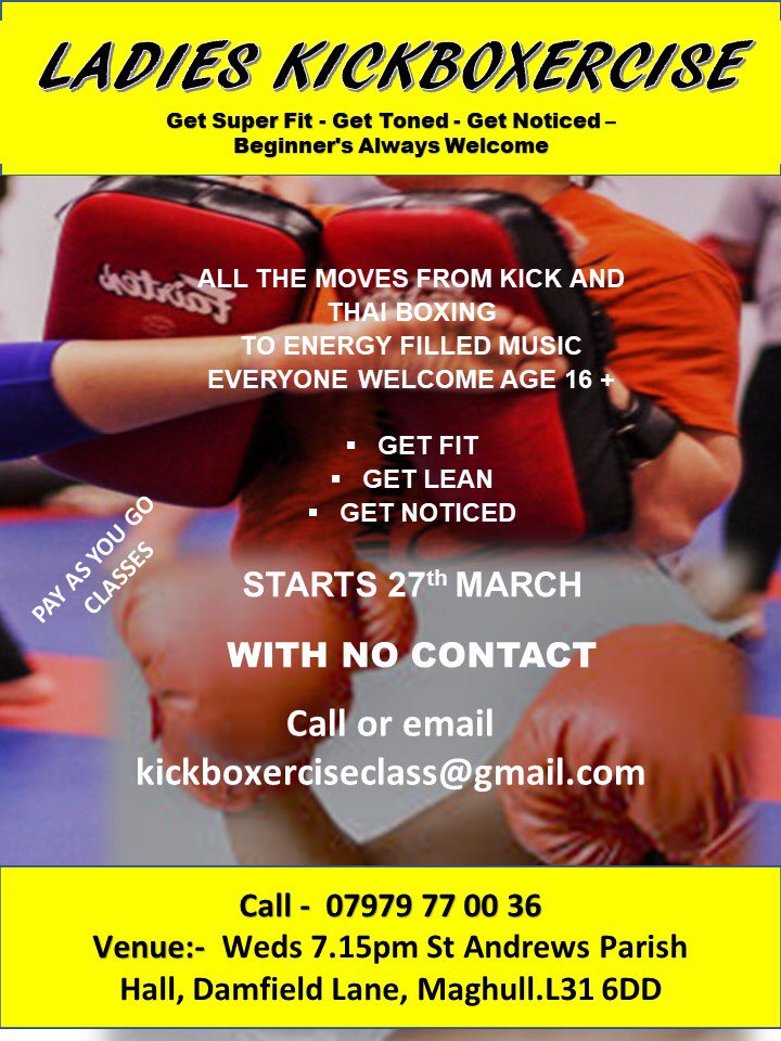 Kickboxercise1's tweet image. LADIES KICBOXERCISE CLASS 
WEDS 27th MARCH at 7.15pm

Only £5.50 per person. 

ST ANDREWS PARISH HALL, DAMFIELD LA. MAGHULL.

maghullkickboxing.co.uk/kickboxer-cise 

#Merseyhour #fitness #womansfitness

PLEASE SHARE

To book email:-
kickboxerciseclass@gmail.com