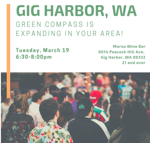 GIG HARBOR | The Green Compass team will be in your area next week! Come out to Morso Wine Bar to learn more about our products and this life changing opportunity! See you there?

#cbd #cbdoil #cbdlife #cbdmovement #cbdhealth #cbdbenefits #cannabis #gigharbor #event