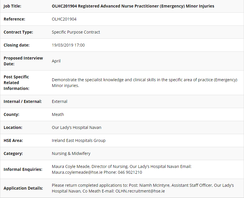 EMP_ANPforum's tweet photo. ANP Job advertisement for OLH Navan (Specific purpose contract). informal inquiries to  Maura.coylemeade@hse.ie. Closing date is March 19th at 17.00. Apply via: https://t.co/8tgQVYN95S https://t.co/KaJZ3cFH8T