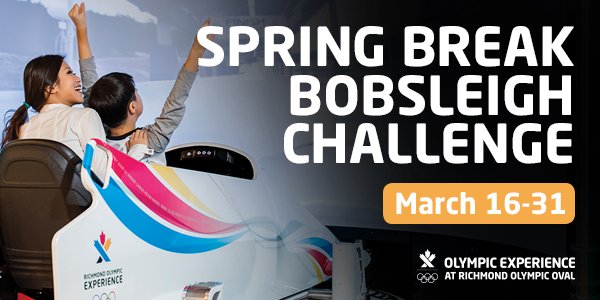 RichmondOval's tweet photo. Spring Break ROX! Bring the whole family to the Olympic Experience Museum from March 16 – 31. Buy 1 adult ticket & receive 1 child ticket FREE!
Post one of the top 3 times on our bobsleigh simulator and WIN amazing prizes!
Tickets: https://t.co/0P6xiMSpwC | #OvalROX 😍🎉 https://t.co/NEIYzFY1ns