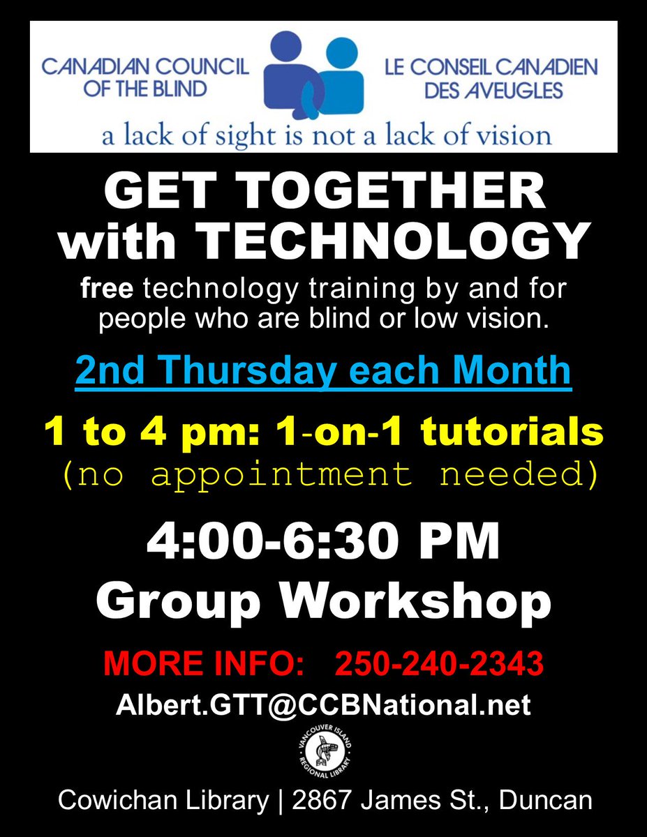 Two important announcements: 1. Regular hours for Duncan's Get Together with Technology (GTT) workshop have expanded (1:00-6:30pm) ; 2. There will be no Duncan GTT meetings in March (this Thursday's meetings are cancelled). <a href="/VI_Library/">VI_Library</a>