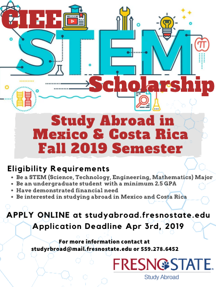 FS_studyabroad's tweet photo. New scholarship available for @Fresno_State STEM major students! Study abroad in two different countries 🇲🇽🇨🇷 for fall 2019. For more information please visit our website https://t.co/3GXcozyfaJ https://t.co/OyWoz3SctC