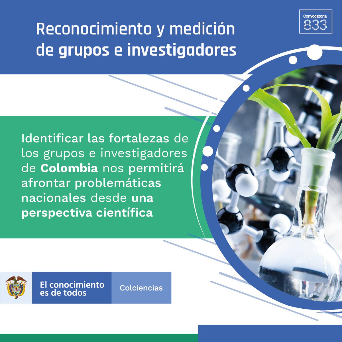 MincienciasCo's tweet photo. Con la convocatoria 833 identificamos las fortalezas de los grupos de investigación del SNCTeI, para dar solución a las problemáticas del país desde el ámbito científico. Conoce más información en 👉 https://t.co/HaPyMFC5F3 #MedirParaAvanzar https://t.co/a39BNNCr5o