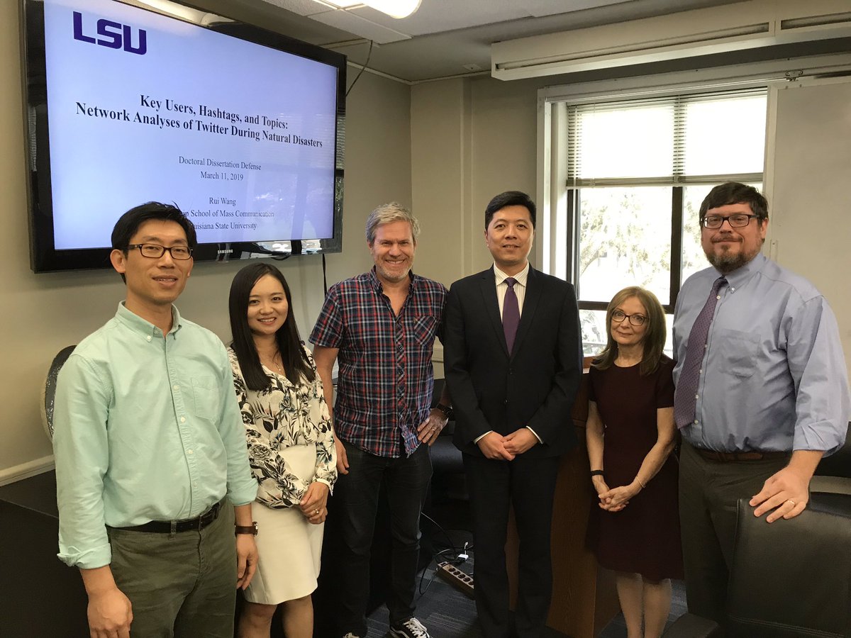 ManshipSchool's tweet photo. Congratulations to our @bbiwr for successfully defending his dissertation "Key Users, Hashtags and Topics: A Network Analysis of Twitter During Natural Disasters.” Committee members were (L-R) Dr. Seungwon Yang, Dr. Ruobing Li, @lporter (chair), @mdefleur &amp; @pmartjo https://t.co/UaOPTBzj7b