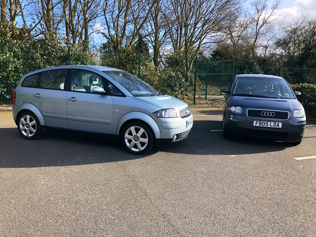 AudiUKPress's tweet photo. Another busy day of filming for our Audi A2s. Similar at first glance, the 1.2 TDI’s individual details are much more distinctive when it’s parked next to a 1.4 TDI. Lightweight wheels, an aerodynamically optimised rear spoiler and narrower wheel arches all make a big difference https://t.co/pGV3Kkc3qJ