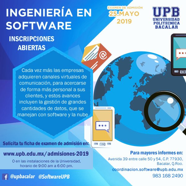 SoftwareUPB's tweet photo. Continuamos con inscripciones abiertas estudia #SoftwareUPB examen de admisión 25.MAY.19 para más información: https://t.co/NHH0Uclyny https://t.co/OKQmpSGfiw