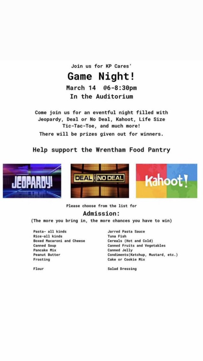 Don’t forget to come to game night this Thursday March 14th from 6-8:30 in the auditorium! There will be prizes for those who win the games!