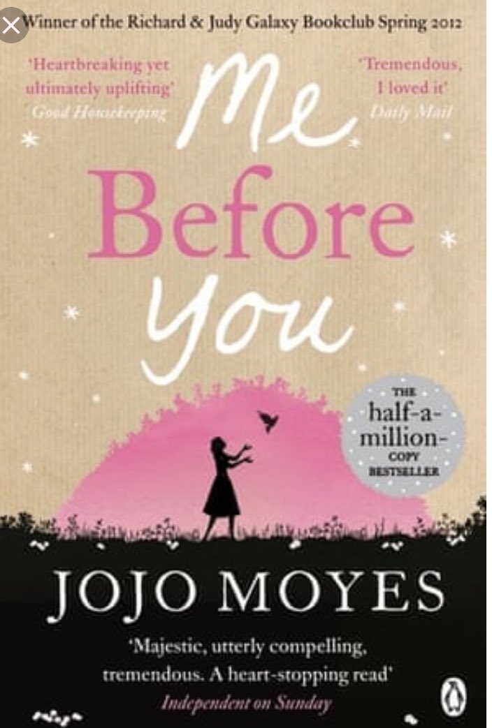I accepted a challenge from <a href="/JPCaboose/">JPC</a> to post the cover of books I love for 7 days! I nominate <a href="/_krangie_/">111</a> ... 
Me Before You by Jojo Moyes. One of the only books to make me cry while reading it.  Then I saw the movie and cried, then I learned it’s a trilogy! So good. Go read it!