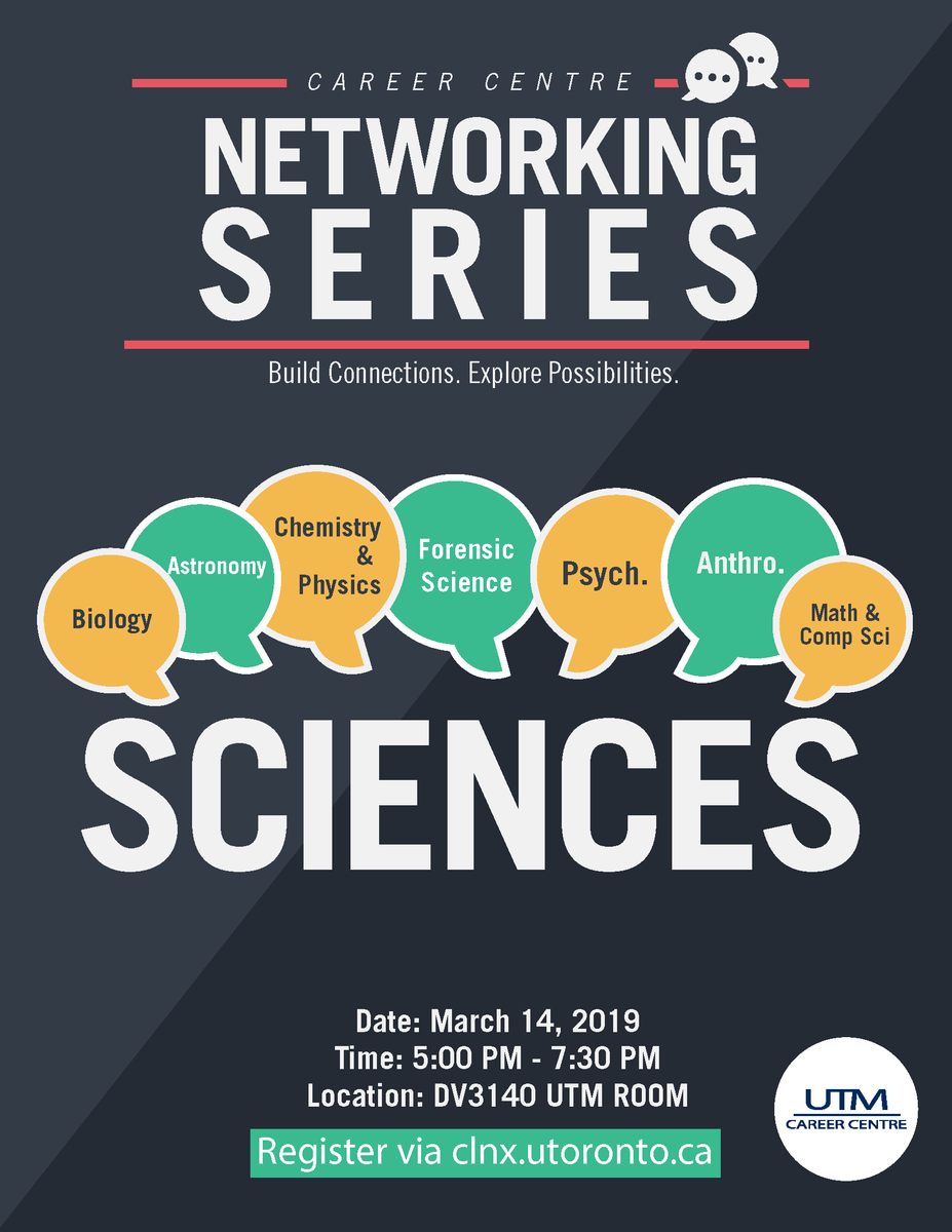 utmmcss's tweet photo. The Career Centre will be hosting their Networking Series: Sciences night this Thursday, March 14th from 5-7:30pm! Some speakers include: Automation Designer at TD, Data Scientists from Precima, Software Developer at Citi. https://t.co/CEdz3u4iX1