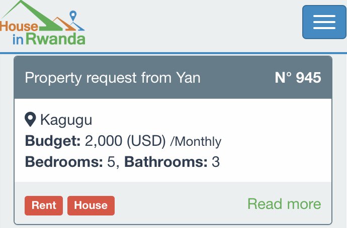 HouseInRwanda's tweet photo. #RwOT, 
Check out Yan's #propertyrequest. He is looking for:
- A #house for #rent in #Kagugu #Kigali
- 5 Bedrooms &amp; furnished with a nice view.
- He wants to pay: 2000 $/m
Have you got a matching #property, click here, submit it and send it to him online
https://t.co/x8vR2POWiY https://t.co/K63Atcfrz4