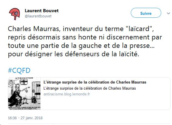 Affirmation récurrente, mais non sourcée , dont on trouve trace par exemple, dans un tweet de Laurent Bouvet de l'an dernier, reproduit ci-dessous. Lorsqu'on formule une accusation aussi grave, l'on se doit normalement de l'étayer