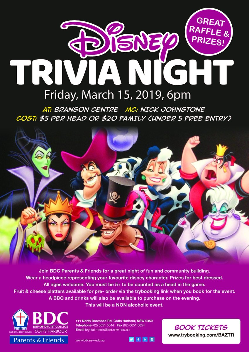 FXBCMNC's tweet photo. Bishop Druitt College Trivia Night. Friday March 15 from 6pm.
Wear a Disney headpiece. 
Branson Centre
$5 per head or $20 family.
Tickets: https://t.co/BsJJ8Ahu9U https://t.co/Smr4VqjyJ0