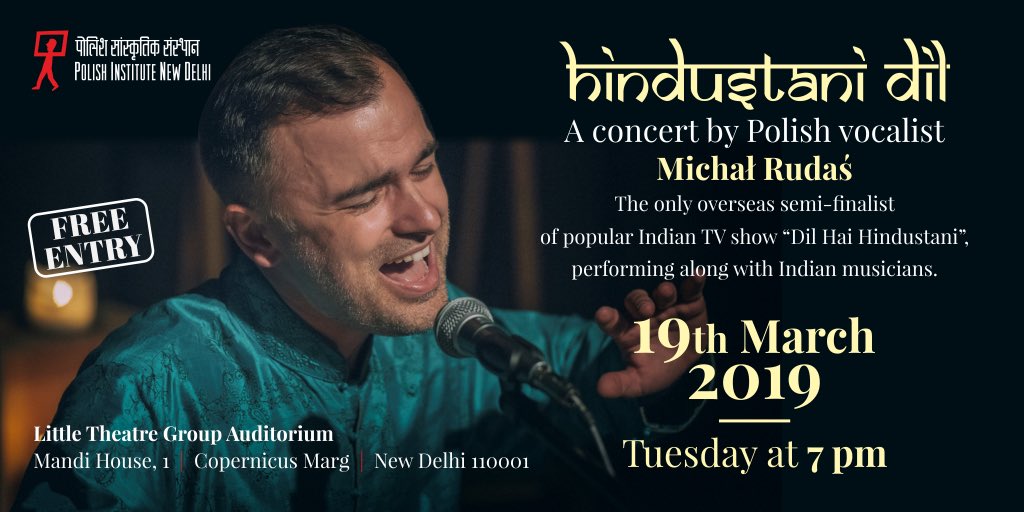MichalRudas's tweet photo. I am extremely happy to invite you for my first concert in India!! 🎤🎶🎸The concert is organised by @PLCultureDelhi . 
19th March, 7 pm, New Delhi, Little Theatre Group Auditorium 
Free entry.
fot.#newdelhi #dilhaihindustani #hindustanidil #indianmusic #bollywoodmusic https://t.co/CLI9hAH4VV