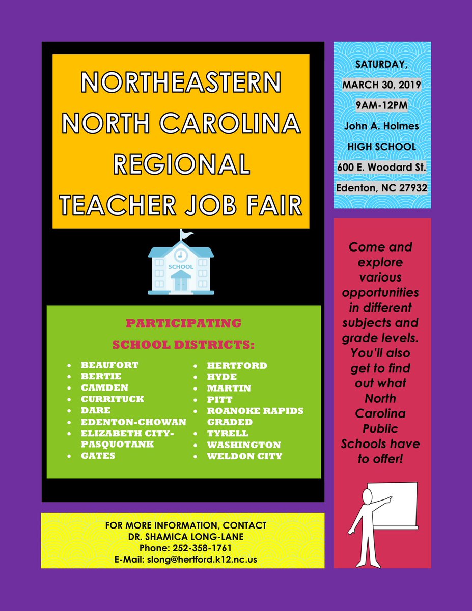HCPS01's tweet photo. Meet us at the North East Regional Teacher Job Fair on March 30, 2019 at JA Holmes HS in @Edenton_Chowan from 9-12. Come and talk to representatives from multiple school districts about the wonderful North East! #teachNE #allinforlearning https://t.co/BQ4BUkHobI