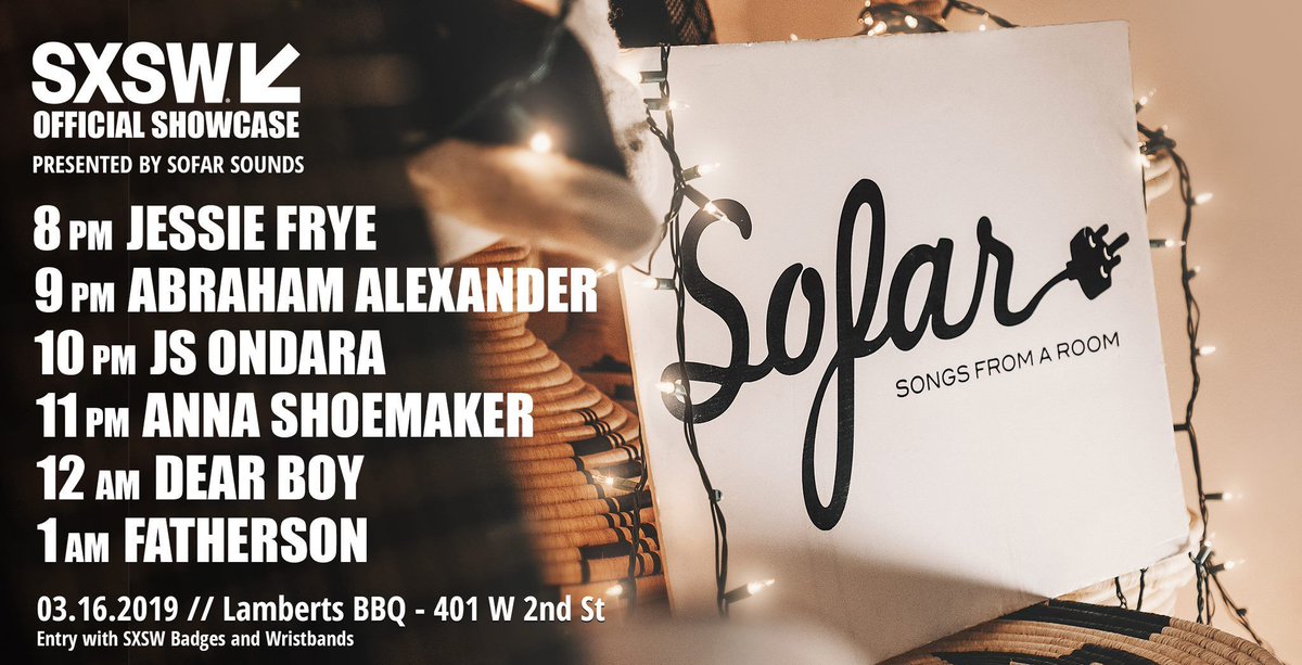 sofarsounds's tweet photo. If you're at @sxsw, we'd love to welcome you at our first official #SofarSounds showcase at Lamberts this Saturday, March 16, featuring amazing Sofar alumni like @fathersonband, @jessiefrye, @AbrahamAlexnder, and @jsondara. All info below! 🙌
#SXSW #SXSWPresenter #PresenterSXSW https://t.co/9sIpGUSPBL