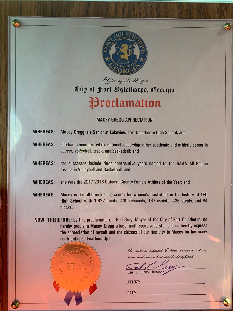 ⁦<a href="/maceyyyy_3/">Macey Gregg</a>⁩ was recognized by the City of Fort Oglethorpe tonight for her academic and athletic accomplishments. Thank you to her coaches and family for supporting her.⁦<a href="/LFOGIRLSBBALL/">LFO GIRL'S BBALL 🏀</a>⁩ ⁦<a href="/FortOglethorpe/">Fort Oglethorpe, Ga.</a>⁩