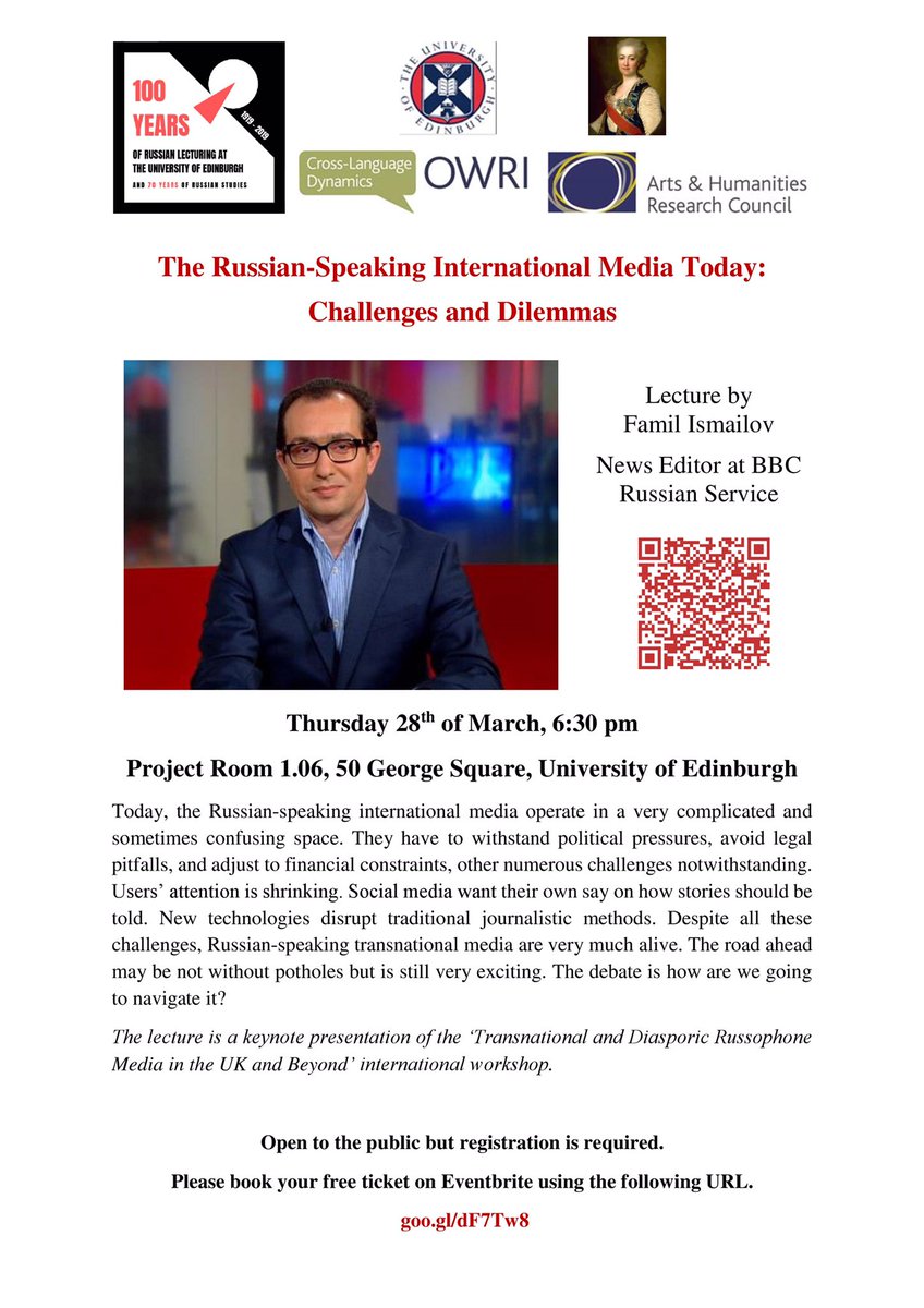 DashkovaCentre's tweet photo. We are excited to present a special lecture by Famil Ismailov (BBC Russian) about today’s Russian-speaking media on Thursday, 28th March at 6.30 pm. For more information and to register please visit: https://t.co/FYGL60L9L2 @LLCatEdinburgh #RussianatEd100 #BBC #BBCRussian https://t.co/BEpXbnzYmd