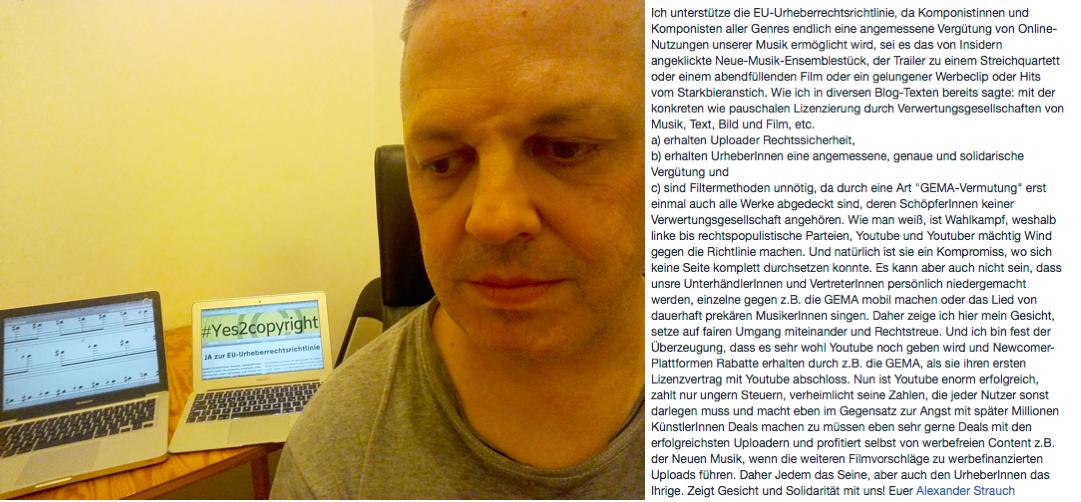 strauchcomposer's tweet photo. Ich unterstütze die EU-Urheberrechtsrichtlinie, da Komponistinnen und Komponisten aller Genres endlich eine angemessene Vergütung von Online-Nutzungen unserer Musik ermöglicht wird #yes2copyright #CoyprightDirective @ManfredWeber @HelgaTruepel @gema_news https://t.co/x7M6PWNMIB