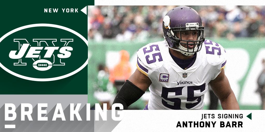 NFL's tweet photo. BREAKING: @nyjets expected to sign former Vikings LB @AnthonyBarr. (via @RapSheet) https://t.co/WXofSQmBYc