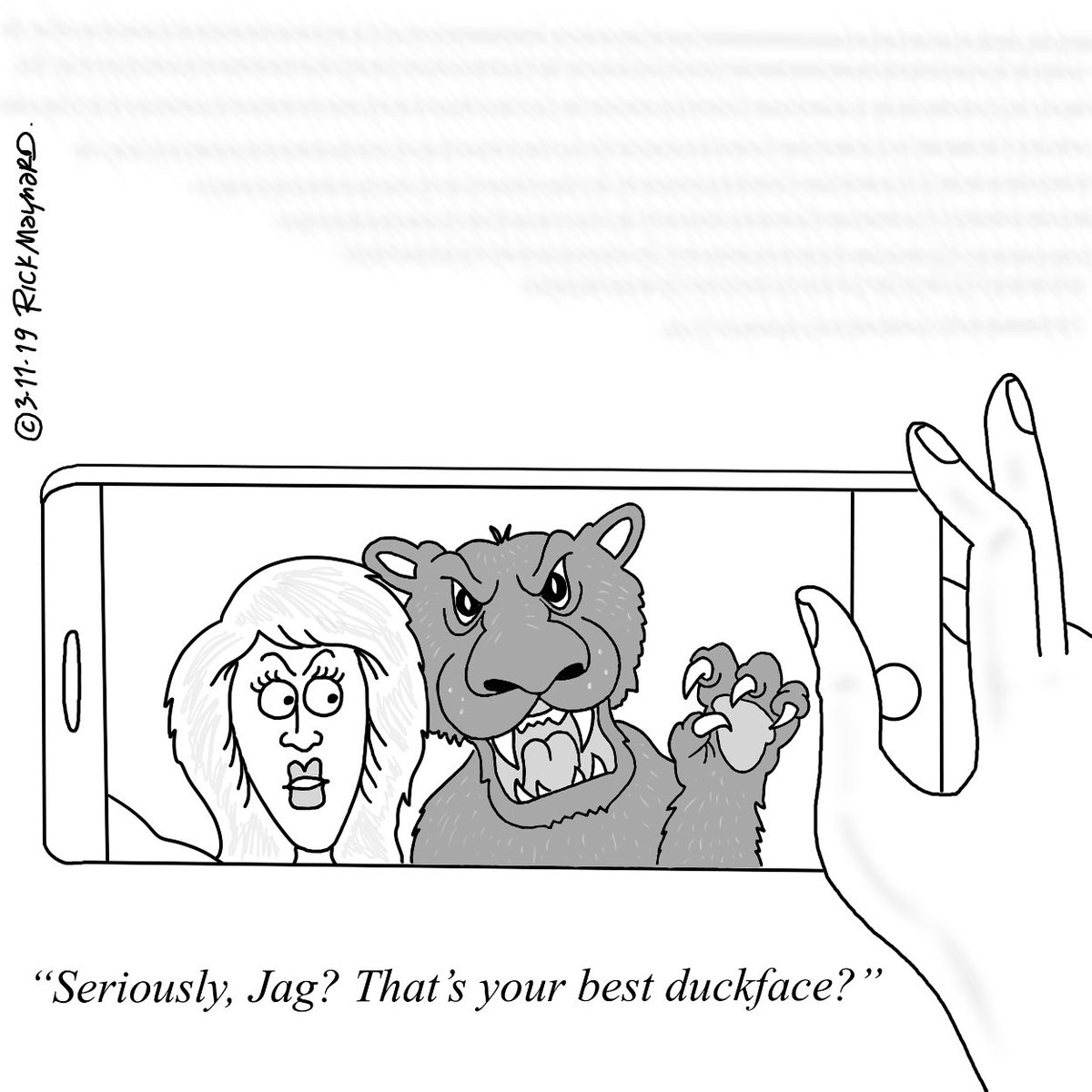 cheapshot89's tweet photo. Cartoon of the Day: 3-11-19: 70/365. Jaguar selfie. Another chapter to add to Darwin’s book. #JaguarSelfie #JaguarAttack https://t.co/J7OQ8kOKQj