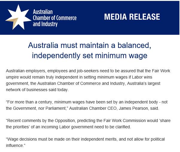 ACCINews's tweet image. Australian employers, employees and job-seekers need to be assured that the Fair Work umpire would remain truly independent in setting minimum wages if Labor wins government. Full statement from @AusChamberCEO here: 
bit.ly/AusChamb_minwa… #auspol