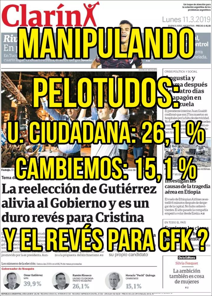 gabu04pi's tweet photo. #Cambiemos fue un desastre en la elección de ayer, pero a los globertos les dicen que el revés fue para #CFK
Y ellos bien poco sesos lo repiten😂🤣
#11demarzo
#BuenLunes
#MacriPerdio
#MacriChau https://t.co/nD7aAD44uW