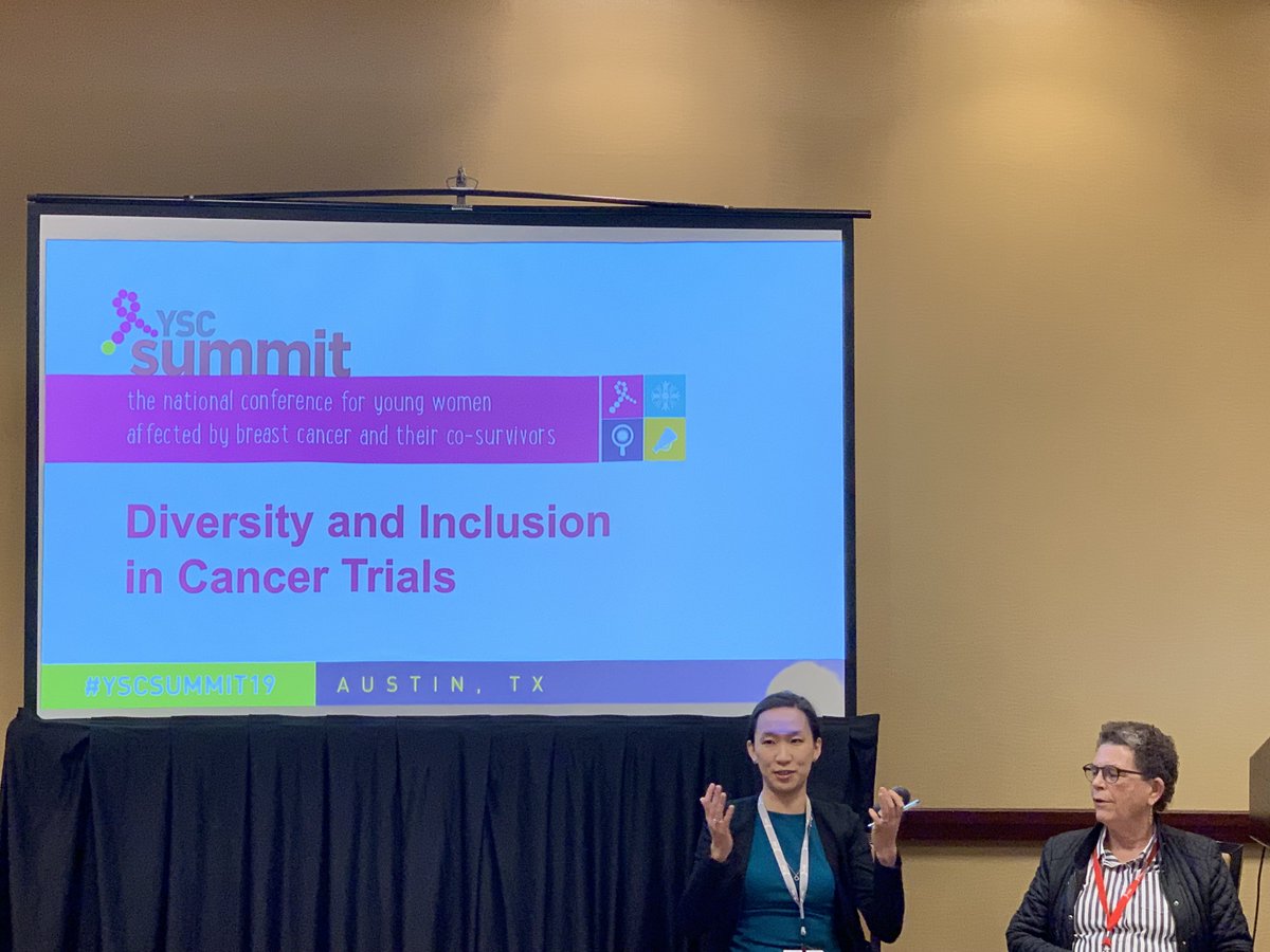 outcomes4me's tweet photo. The Diversity &amp; Inclusion in Cancer Trials breakout at the #YSCSummit19 featured Dr. Susan Love (@ArmyofWomen) and  Caroline Chen @CarolineYLChen.  The data speaks for itself: we need to all work together to reduce disparities in cancer outcomes! @YSCBuzz @YoungSurvival https://t.co/32fFsW5Hai