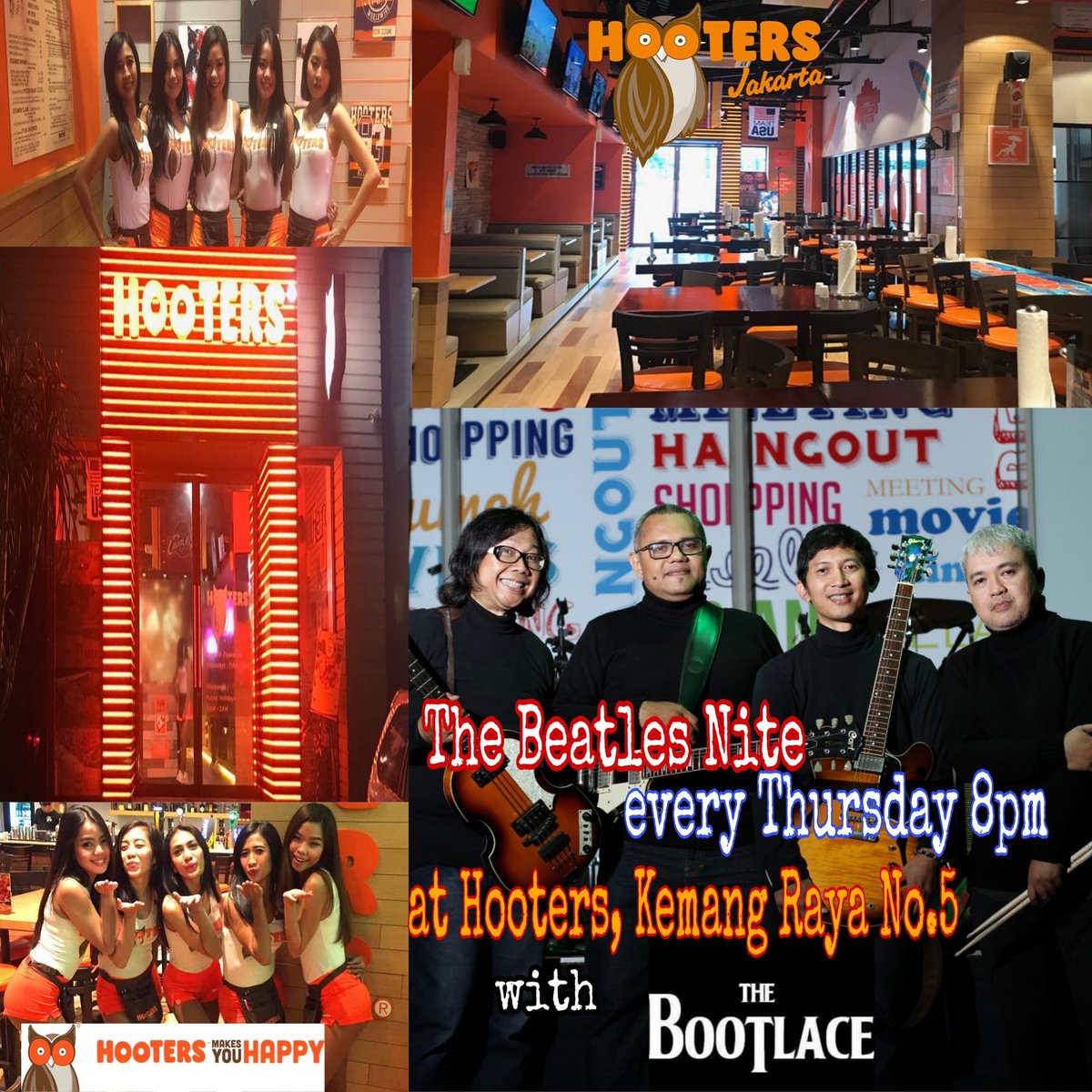 Beatles night starting this Thursday 8pm at Hooters, Kemang raya no.5. 
<a href="/musikafe/">Arif Musikafe</a> <a href="/beatle_INA/">BeatleManiaIndonesia</a> @thebeatlesui @BeatlemaniaBKS kang <a href="/RockNal/">Follow IG: @Rocknal</a> yuk marii...