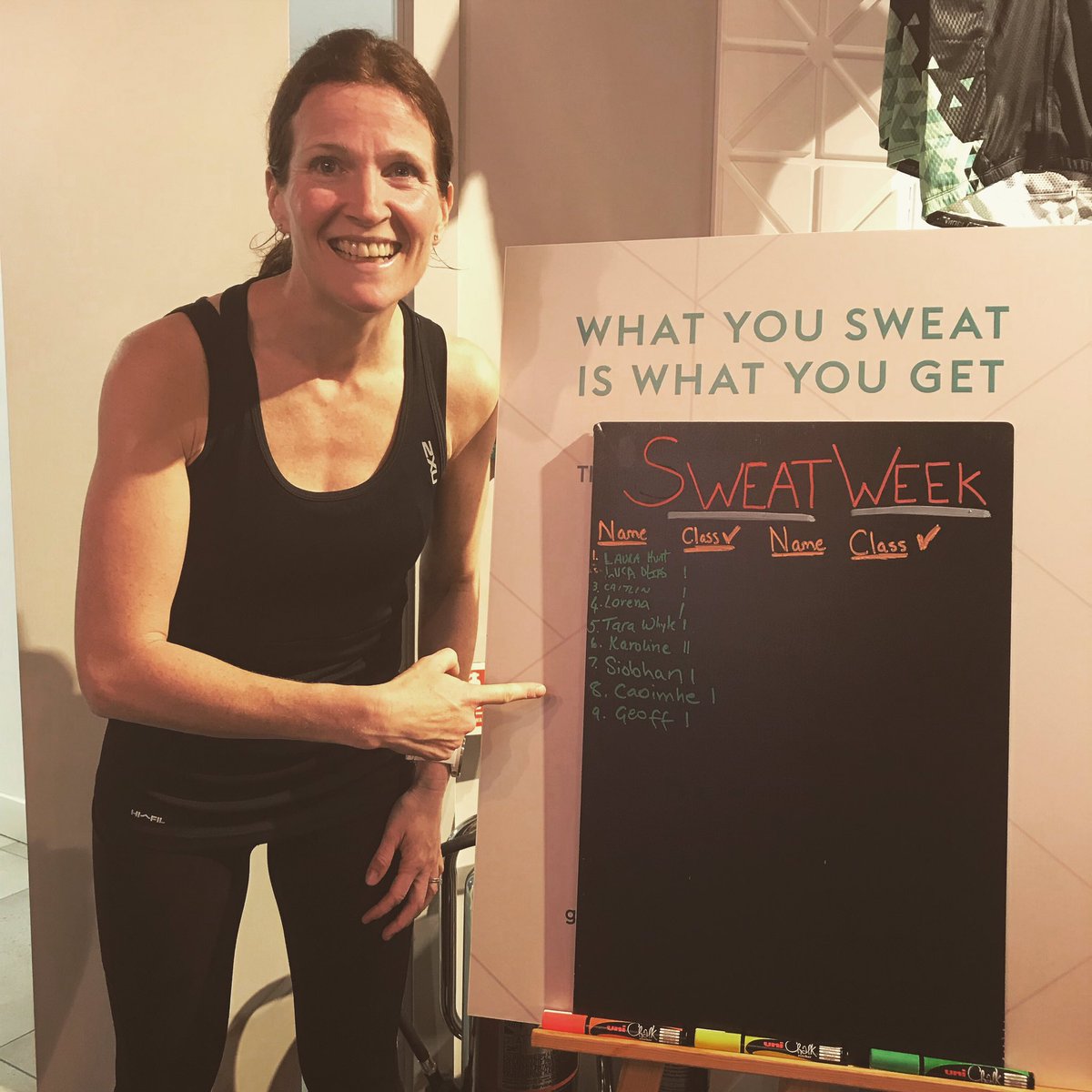 caoimhebamber's tweet photo. SWEAT WEEK - day 1 is here so it felt appropriate to post a sweaty pic! ๐ดโโ๏ธ๐ฆ Love seeing the names starting to appear on the chalk board @digmefitness #Richmond! ๐ช@geoffbamber & I are on there - love #SweatWeek and havenโt missed one yet.๐ฅ #Digme #SweatWeek #sweatweeklegends https://t.co/ufrpb2RLXH