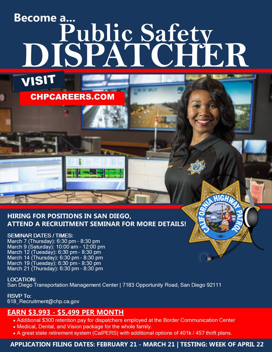 Eres del área de San Diego y en busca de un buen trabajo ?... San Diego de Comunicación de la Patrulla de Caminos de California está contratando y puede ser la oportunidad que esperabas