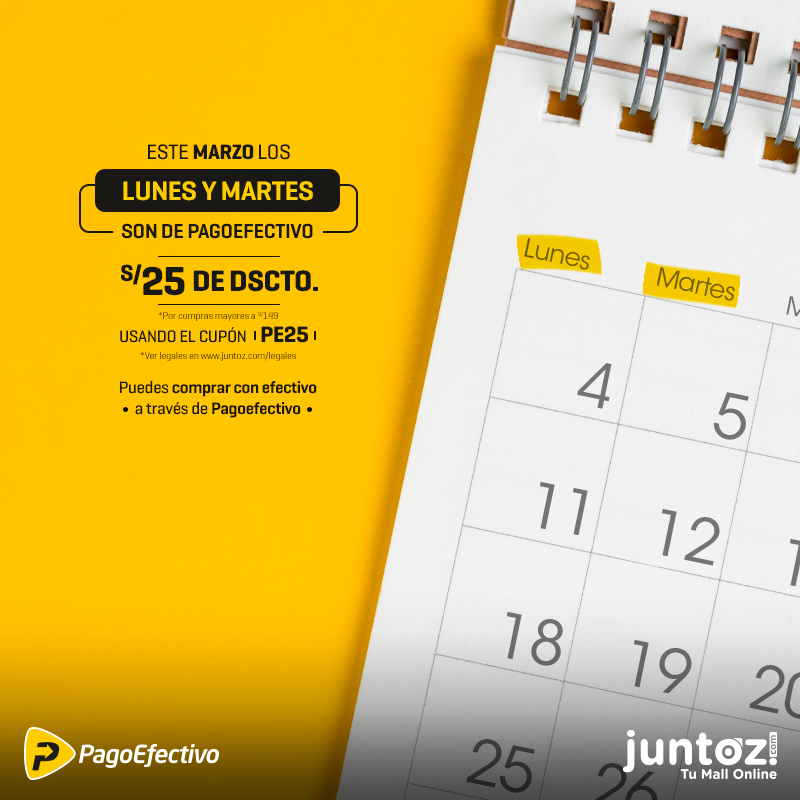 💥 ¡En Marzo los #Lunes y #Martes son de <a href="/PagoEfectivoPe/">PAGOEFECTIVO</a>! 💥
¡Obtén S/25 dscto. adicional para compras en juntoz.com! 😉🛍
👉🏾 bit.ly/2uayDch
🏷 Utiliza el cupón: PE25
*Válido por compras mayores a S/149. Ver legales en juntoz.com/legales