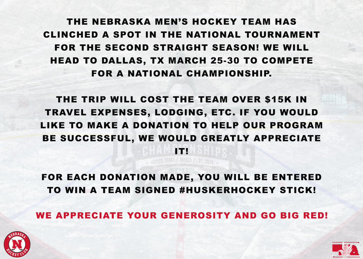 We’re going to National Tournament!

If you’d like to help us, please consider making a donation here: ow.ly/uNUD50mZbkx

Please be sure to put “Men’s Hockey” in the comments when making a donation.

Also, RT &amp; Favorite this tweet for a chance to win a T-shirt/hat combo!