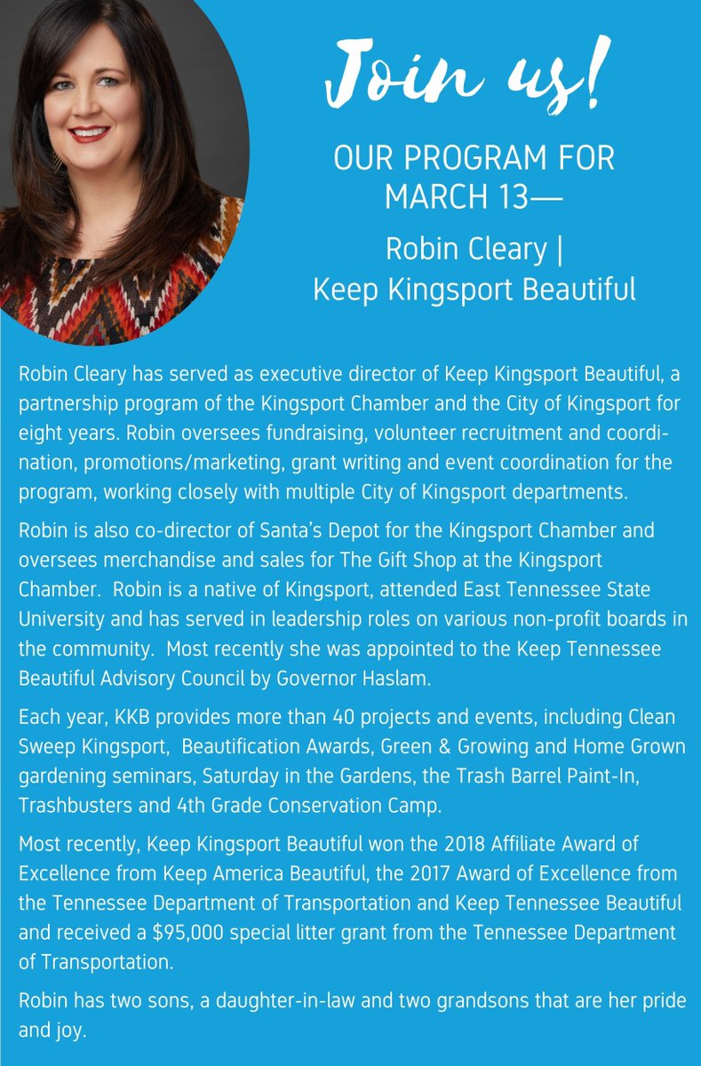 Come visit with us as we learn to Keep Kingsport Beautiful! Wednesday at noon - See you there!