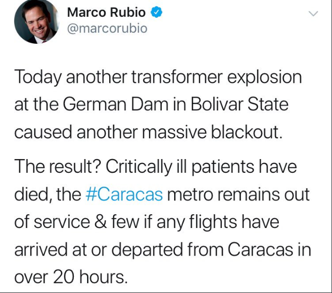 DrJillStein's tweet photo. Regime change fanatic @marcorubio keeps tweeting fake news about #Venezuela. He just deleted a tweet about an "explosion at the German Dam" after it turned out Germán Dam was a reporter's name. Rubio's antics might be funny if he weren't trying to start a civil war in Venezuela. https://t.co/JK31FuWH0B
