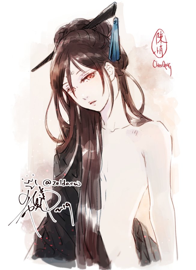 🎶 WangJi guqin hair down &amp; ChenQing hair up... using WangJi's hairpin. 
ChenQing put the red cord on WangJi btw (￣▽￣)ノ