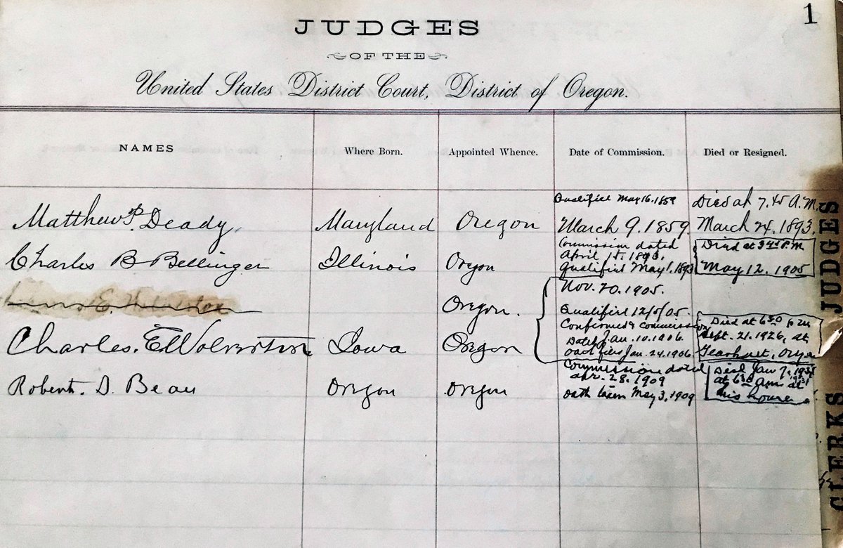 USDCHS's tweet photo. The Society's archive contains a leather bound ledger with lists of clerks, DAs, marshals, BK referees and others who worked in the Oregon Fed Ct c1850+. Using this #oldledger we resurrect the people of the early days of Oregon legal history. Follow/join https://t.co/n1jeqeddTQ https://t.co/O4XJfT2W3w
