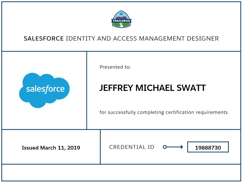 JeffSwatt's tweet photo. Just got my @salesforce cert for Identity and Access Management Designer. Many thanks to @gemziebeth, @binodkrtweet, @SalesforceCh, @calvin_nr and @macjozwiak, whose guidance greatly helped! One test left until the review board for Certified Technical Architect. #JourneyToCTA https://t.co/srhfPxHXuU