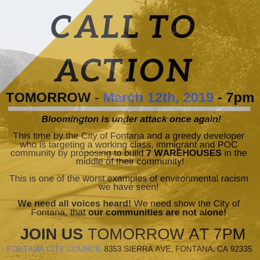 CCAEJ's tweet photo. The West Valley Logistics Center will comprise of 7 warehouses that will attract heavy and truck traffic. If you’re a Fontana resident concerned about your quality of life, tomorrow is your chance to urge leaders to say #notorezone &amp; yes to community health! https://t.co/hD9JDO9BkN
