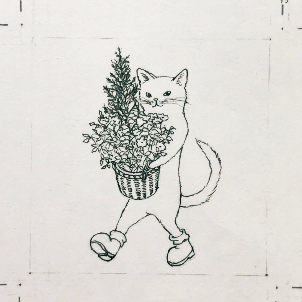 「花鉢と猫」
ともどんさま(@tomo_tomodon )の依頼で制作したミニサイズの作品です。5×5cmの細密画。いつもより丁寧に細かく仕上げました。
はじめのラフは植物の持ち方間違ってますね?
#皆さんラフと完成絵を見せてください 