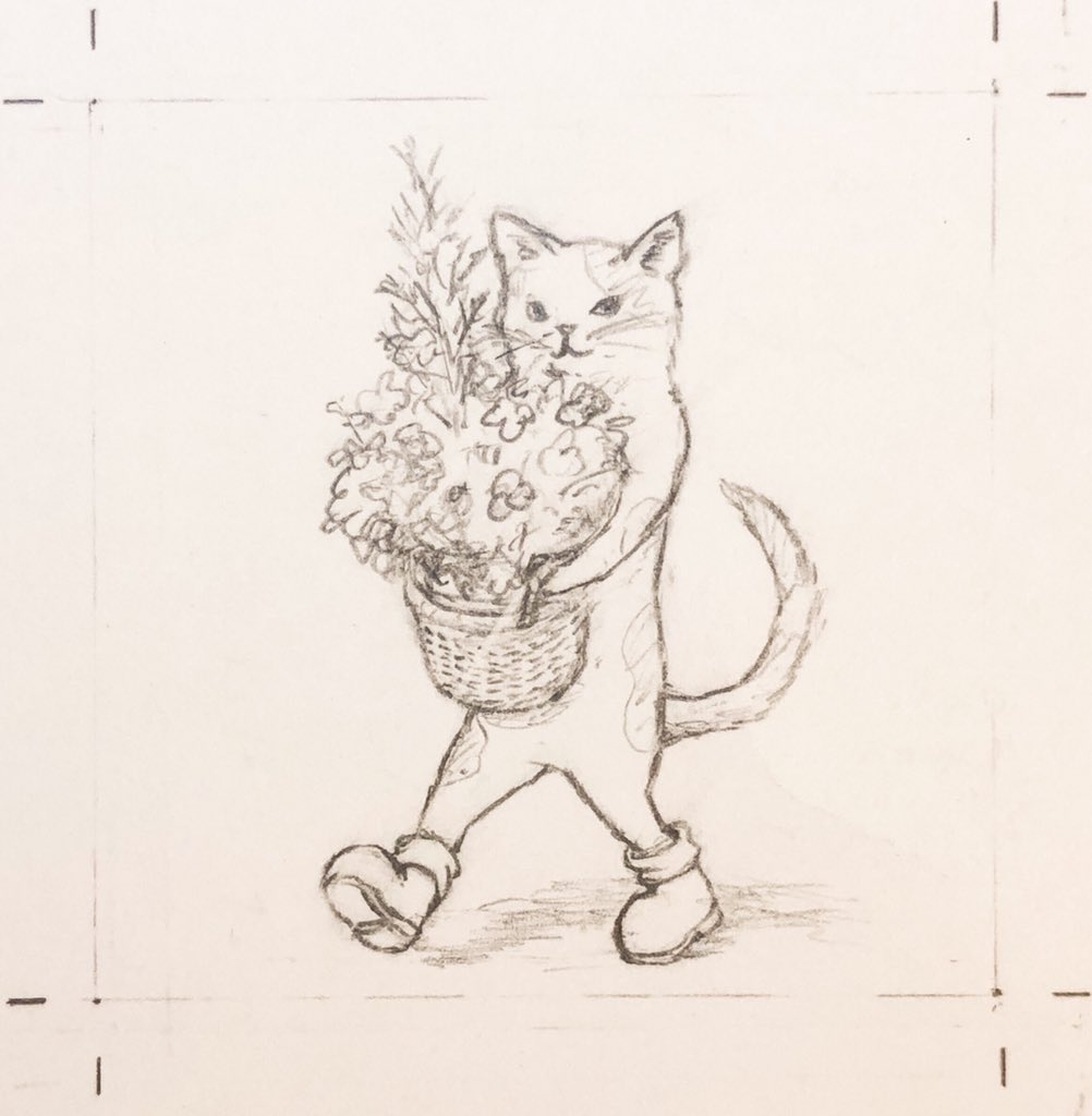 「花鉢と猫」
ともどんさま(@tomo_tomodon )の依頼で制作したミニサイズの作品です。5×5cmの細密画。いつもより丁寧に細かく仕上げました。
はじめのラフは植物の持ち方間違ってますね?
#皆さんラフと完成絵を見せてください 