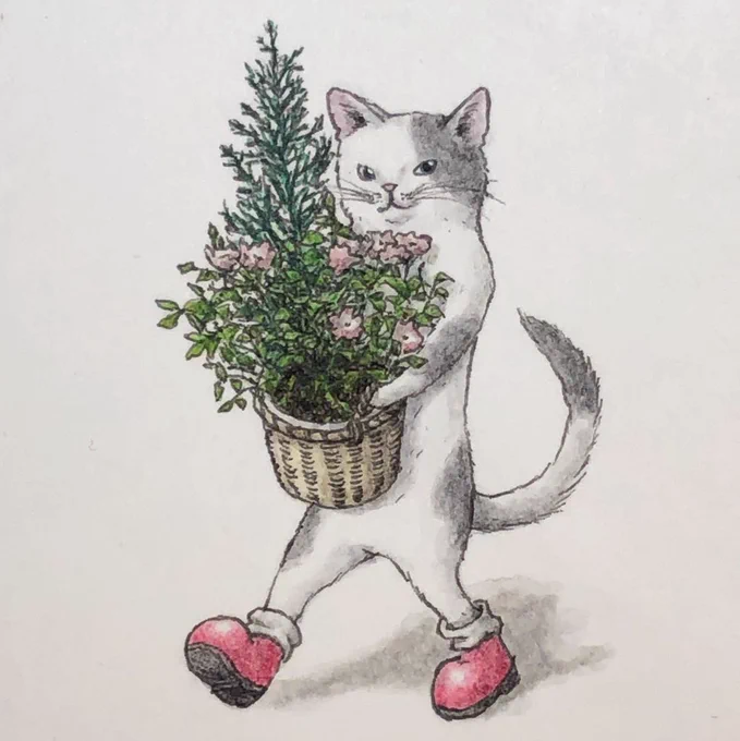 「花鉢と猫」ともどんさま( )の依頼で制作したミニサイズの作品です。5×5cmの細密画。いつもより丁寧に細かく仕上げました。はじめのラフは植物の持ち方間違ってますね?#皆さんラフと完成絵を見せてください 
