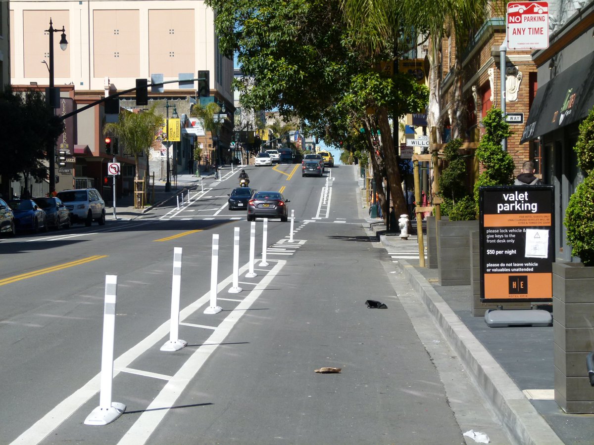 The main stretch of post-protected lanes is the eight blocks northbound/uphill from Turk to Pine. From curb to post these measure 8'5". Guess what? Drivers park in them. They are too wide. Adding a post at each entrance to narrow the opening to 7' would help.