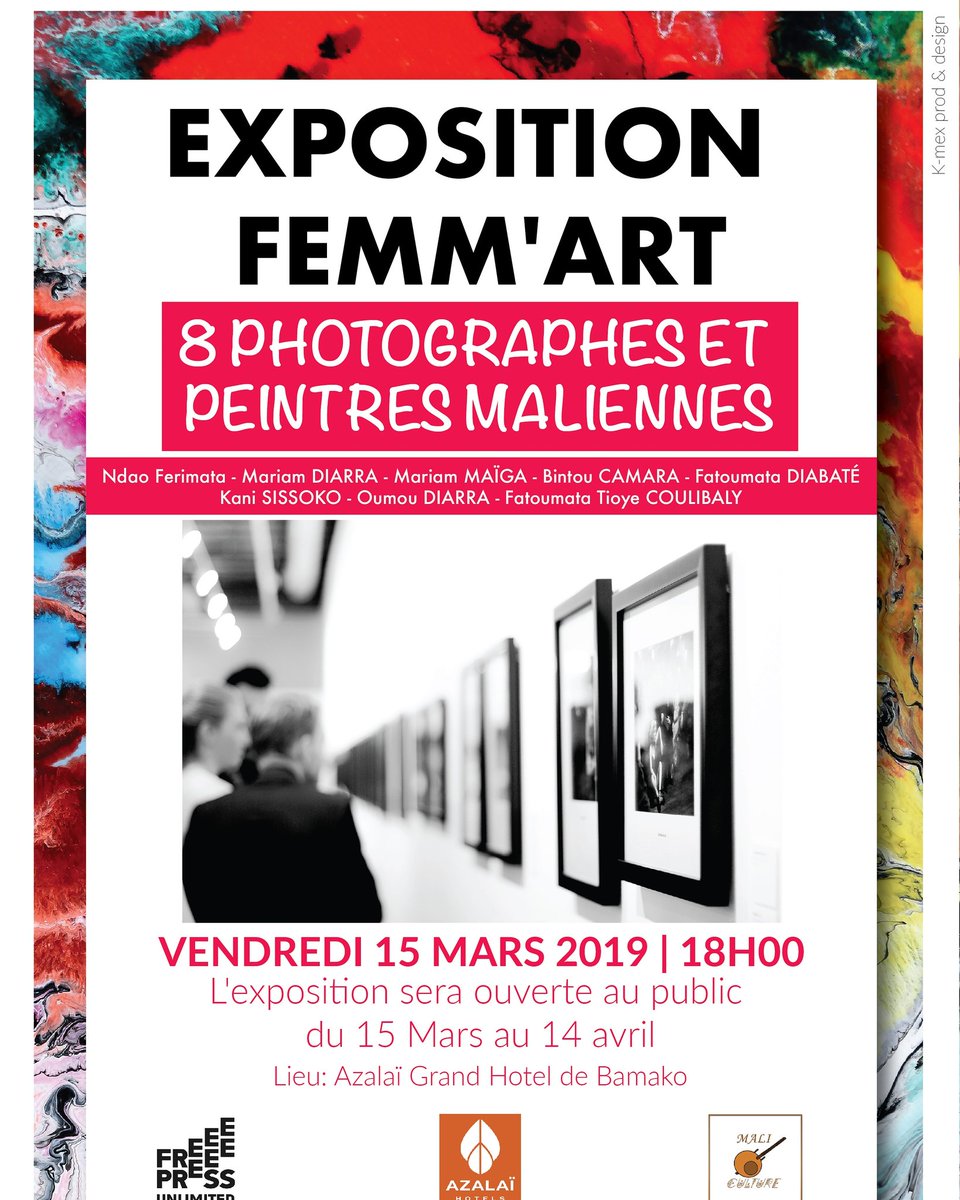 Dans le cadre de son commissariat d'exposition, Mali Culture Média-Conseil lance sa série d'exposition avec 8 femmes photographes et peintres au Grand Hôtel de Bamako, vendredi 15 mars 2019 à 18h.
Amateurs d'arts venez vous régaler les yeux, soutenir la création artistique. #Mali