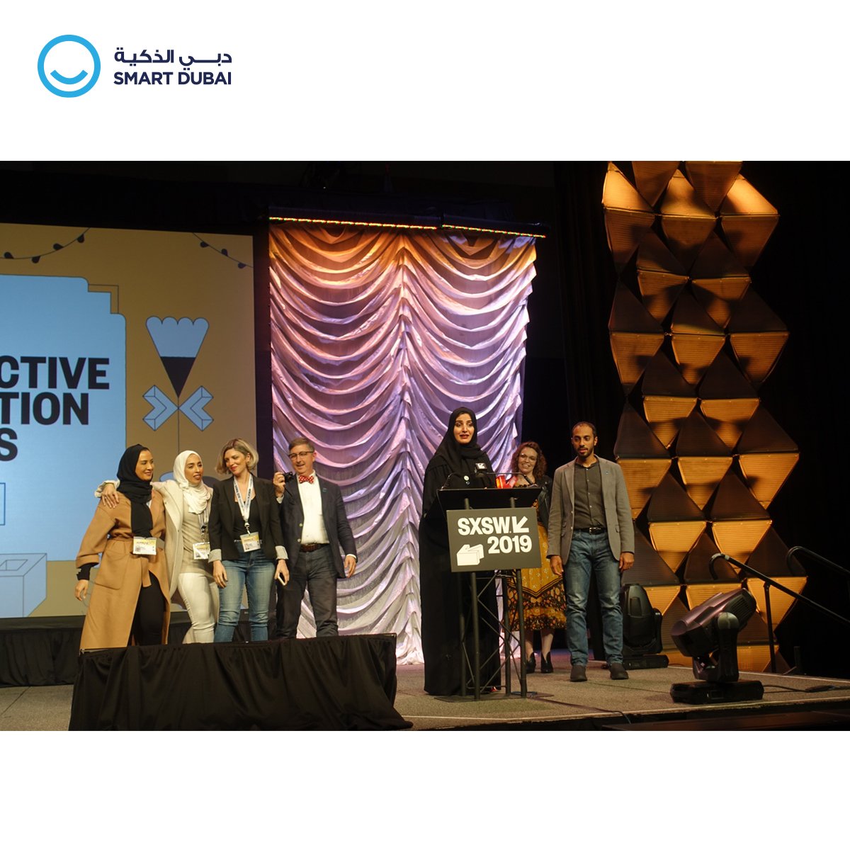 DigitalDubai's tweet photo. #SmartDubai wins the 22nd annual @sxsw Interactive Innovation Awards in Austin, USA! Innovators and creators from around the world submitted their new projects in this unique competition, & we are proud that Smart Dubai has taken home the trophy for its #Dubai #PaperlessStrategy. https://t.co/9zYMThPALP
