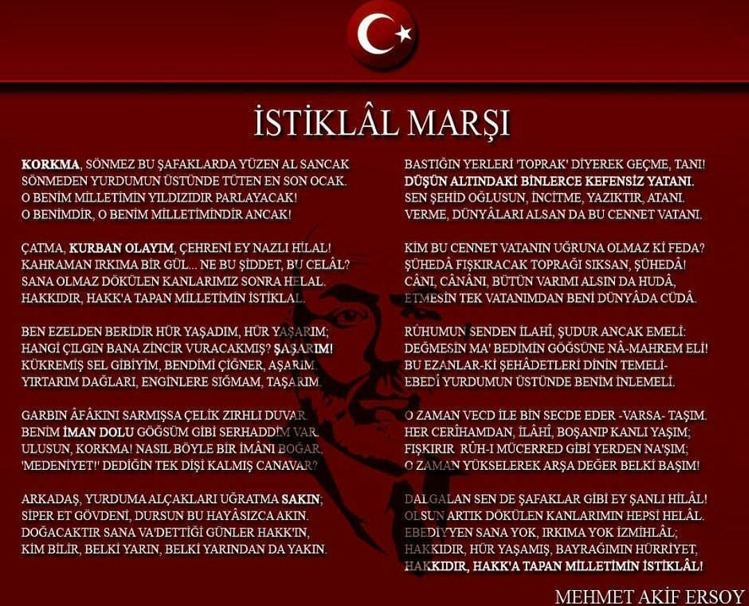 İstiklal Marşımız 98 yaşında!
Vatan şairi Mehmet Akif'in kaleme aldığı ve bir ulusa 'korkmamayı' öğreten İstiklal Marşı'nın TBMM tarafından kabulünün üzerinden 98 yıl geçti.

<a href="/AliOsmanOzdemir/">Ali Osman ÖZDEMİR</a> 
<a href="/SefaozerS/">Sefa Özer</a> 
<a href="/vahitatalan/">Vahit ATALAN</a> 
<a href="/uniakankara/">ÜniAK Ankara</a> 
@mehmetgazicelik