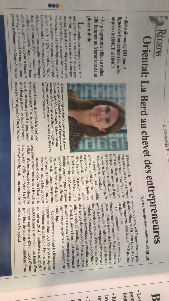 MarieAVeilleux's tweet photo. Notre lancement de #women in business à Tanger est dans @leconomiste_ @ebrd @ambueaumaroc https://t.co/g7jcqPyeS9