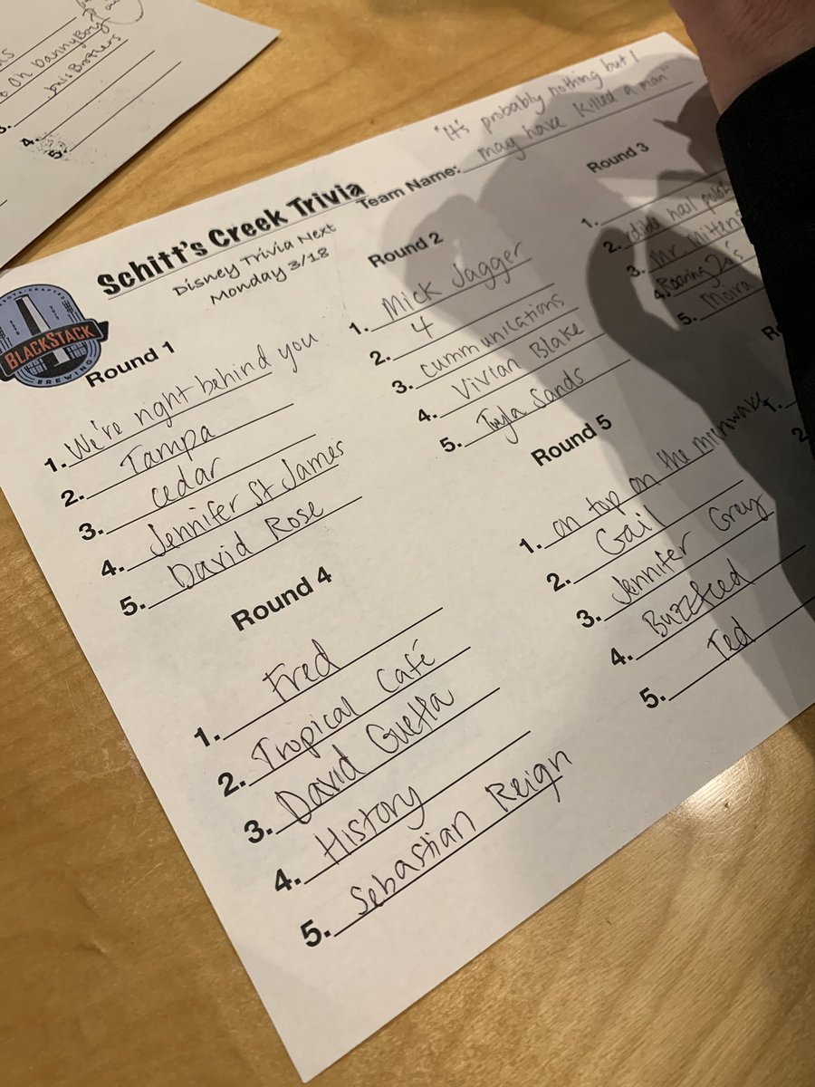 calleyoneil's tweet photo. Loving @SchittsCreek trivia night at @BlackStackBrew! We studied, but the details are too much David! #wedontknowschitt https://t.co/6JOVS8hymH