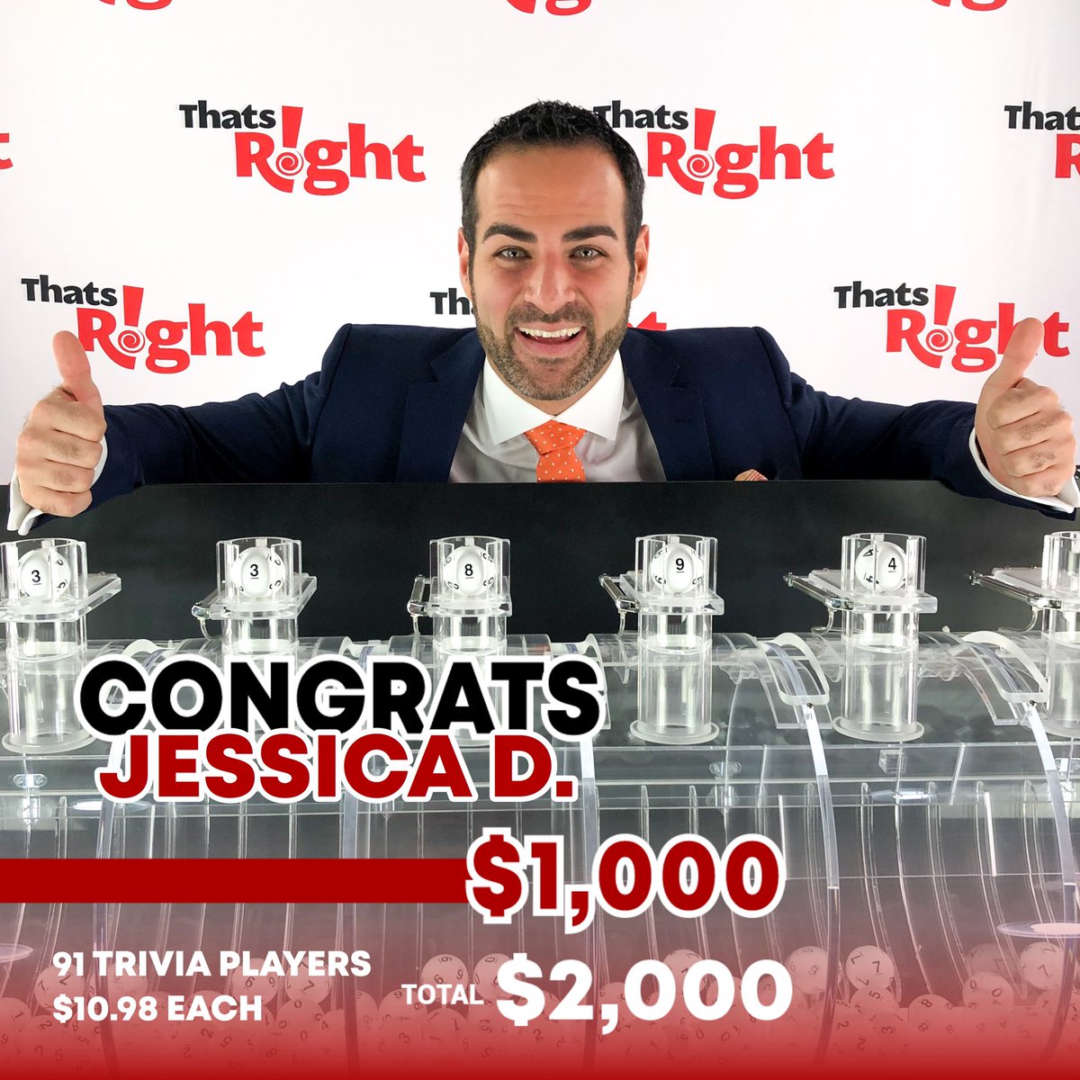 thatsright's tweet image. 91 of you lucked out and mastered Orkan’s quiz, taking home $10.98 each! Congrats to our drawing winner, Jessica D. on your $1k🎉 See you all tomorrow, same place, same time on #ThatsRight! 😊
•
•
#trivia #gameshow #twochancestowin #freemoney #rafflewinner #triviatuesday