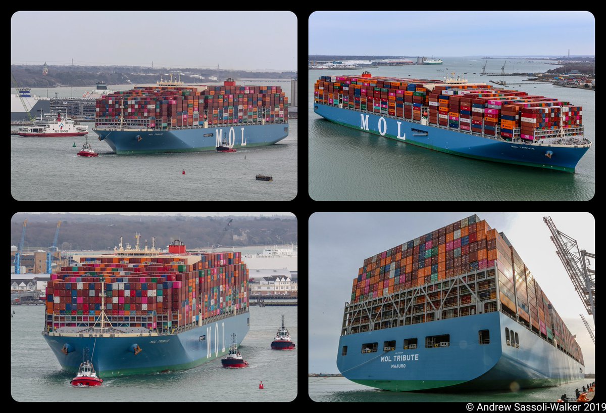 Andrew_SW's tweet photo. Another month, another record broken! @OceanNetworkExp #MOLTribute arrives at the city of #Southampton with 19190TEU, the highest ever number of containers loaded on a ship.
59.6% are being discharged for #UK & #Eire markets https://t.co/YmRCXes39L