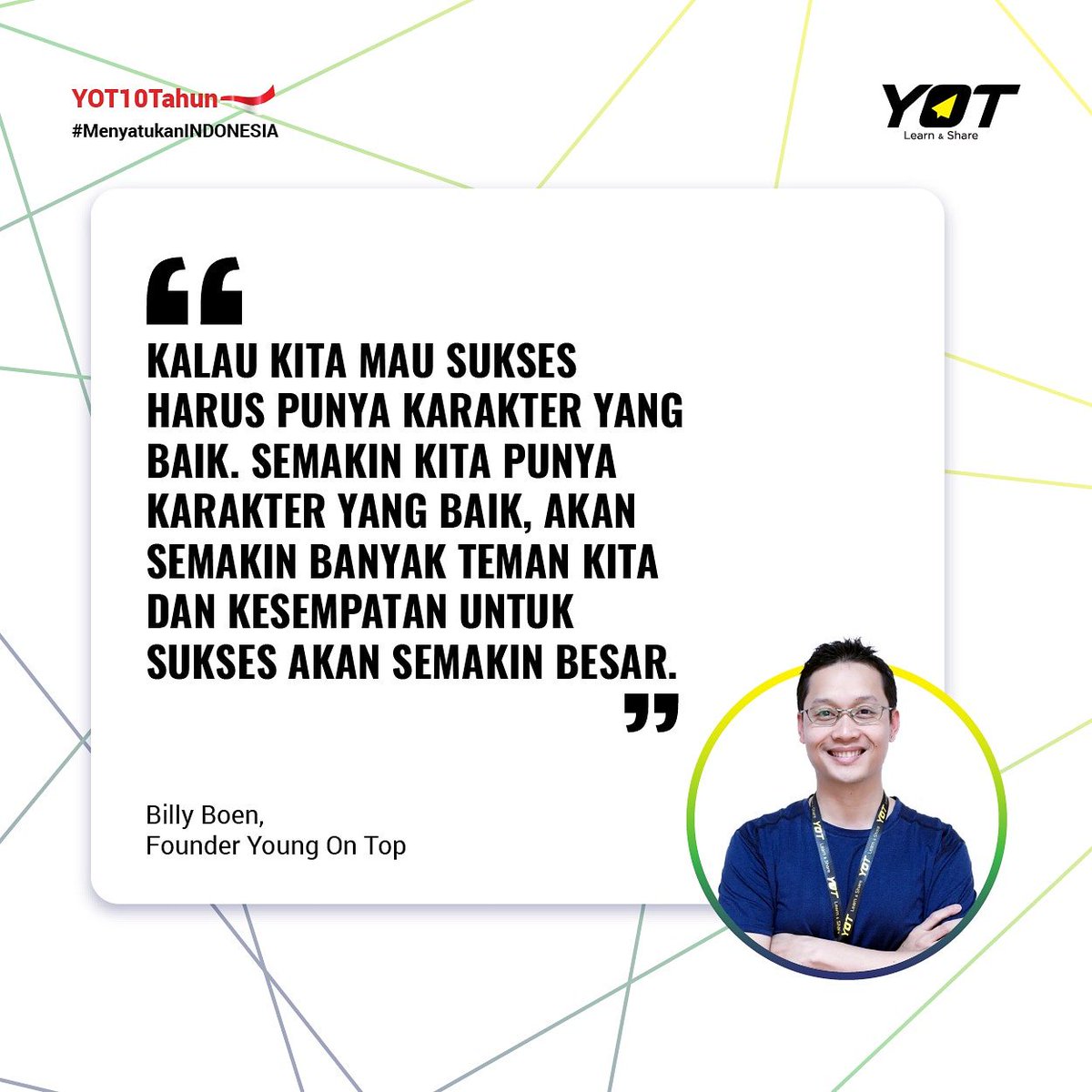 YoungOnTop's tweet photo. Pintar saja gak cukup YOTers. Kamu harus punya karakter yang baik. Dengan karakter yang baik, kamu bisa memiliki banyak teman yang bisa membantu jalan kesuksesanmu. Karena sukses gak bisa diraih sendirian. Selamat pagi😁
#YoungOnTop #YOT #TopWord https://t.co/8XDtSvCRIG